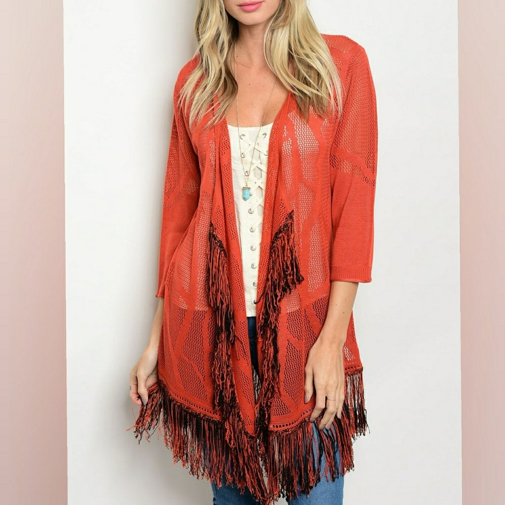 💎PRICE IS FIRM💎BRICK FRINGE KIMONO