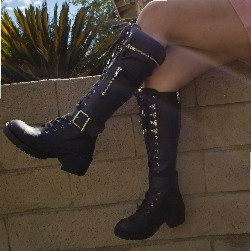 CHUNKY PLATFORM KNEE HIGH  CALF FAUX LEATHER BOOTS