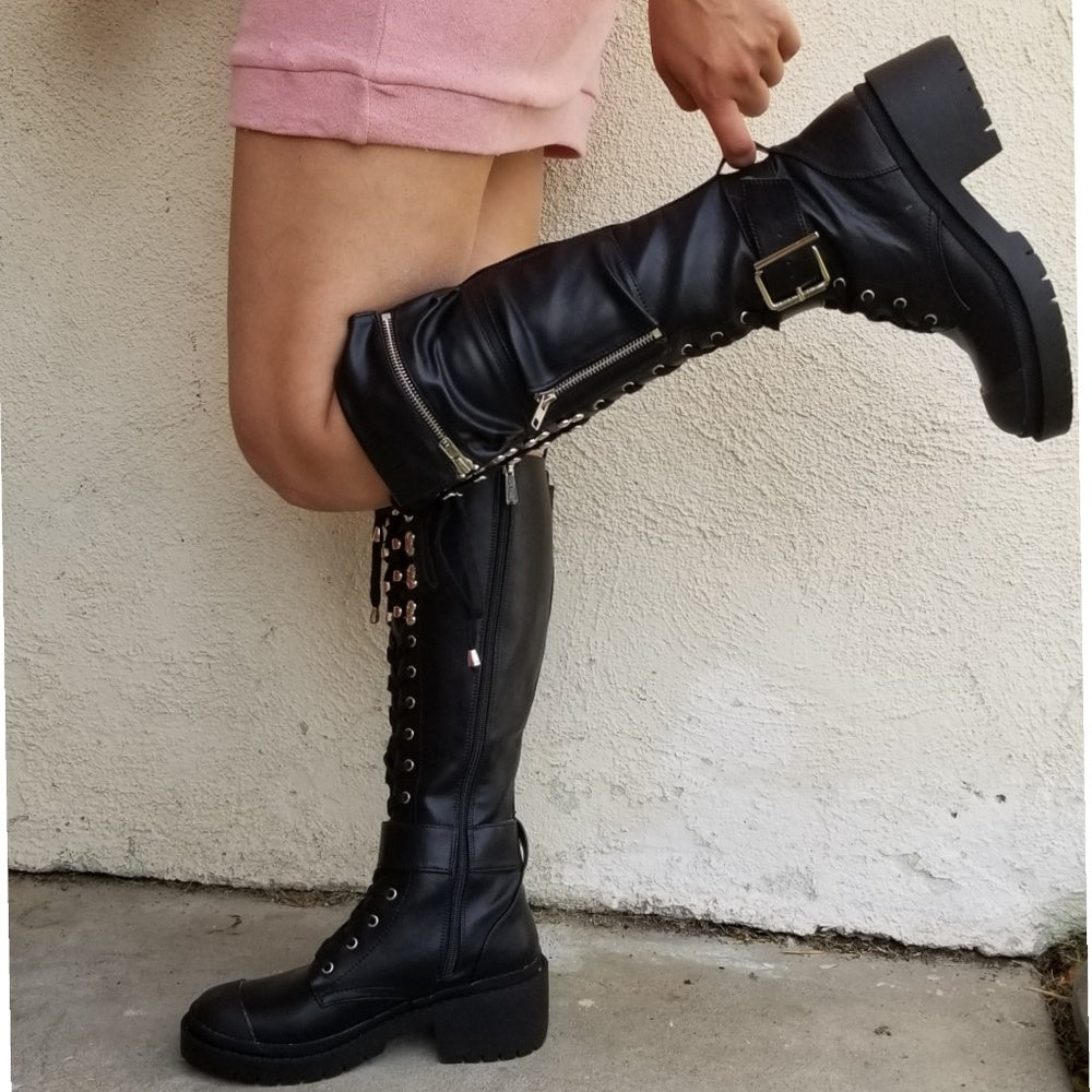 CHUNKY PLATFORM KNEE HIGH  CALF FAUX LEATHER BOOTS