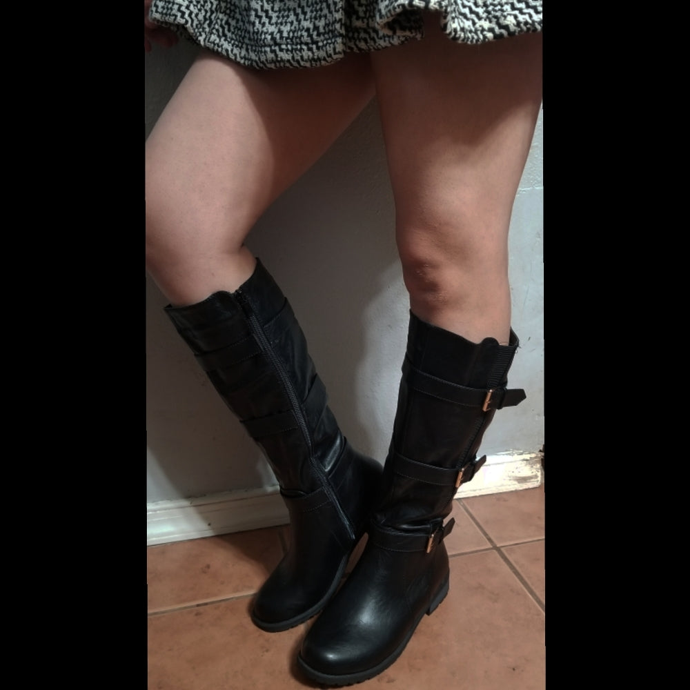 Alexa Buckle Knee High Motorcycle  Boots