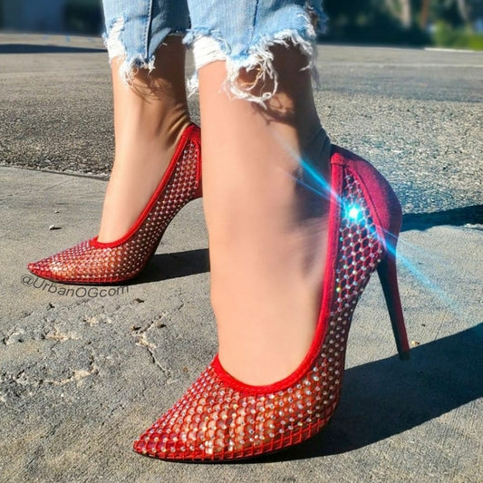 🍒last 7.5 🍓 Red  Sexy Fishnet pointed Heel