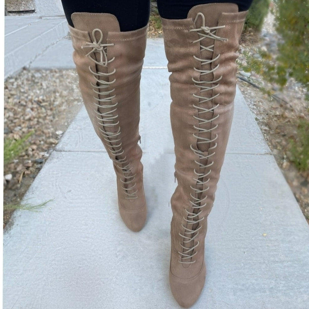 Taupe Faux Suede Chunky Lace Up Thigh High Boots