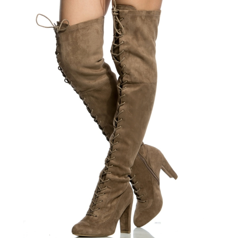 Taupe Faux Suede Chunky Lace Up Thigh High Boots