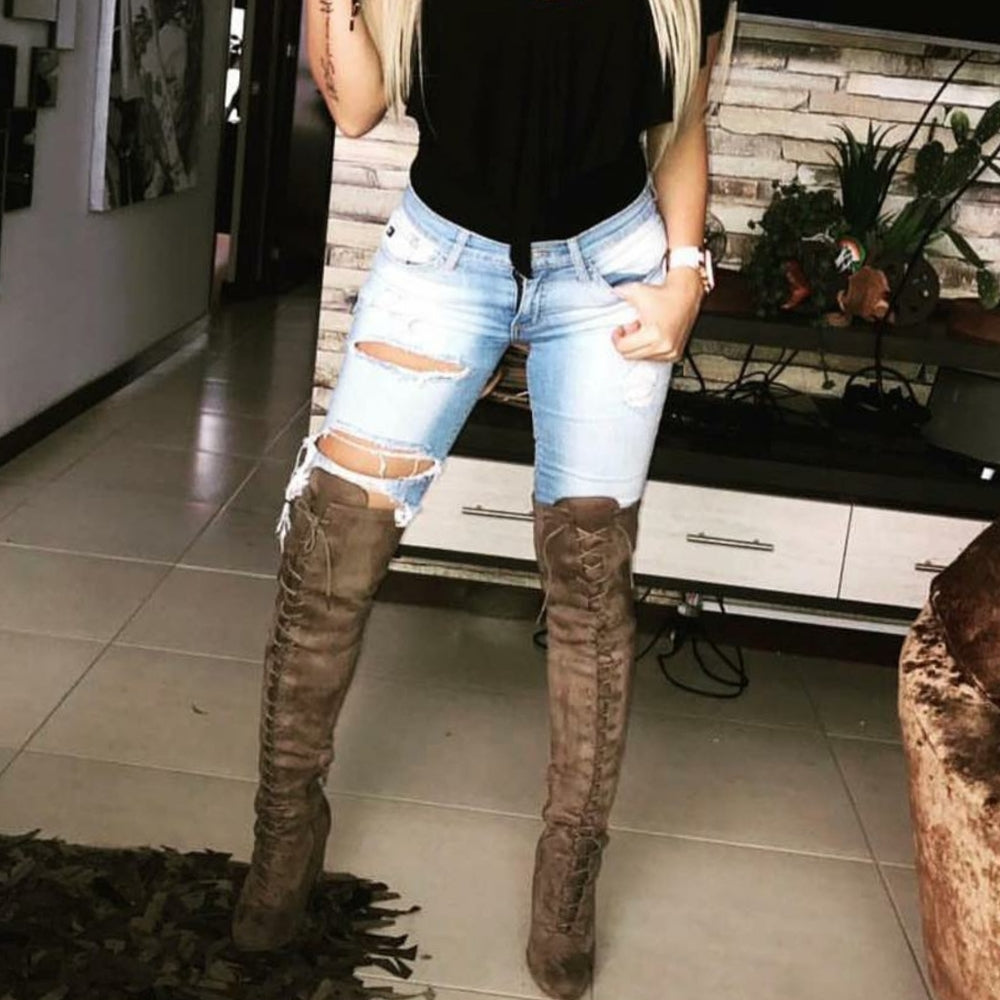 Taupe Faux Suede Chunky Lace Up Thigh High Boots