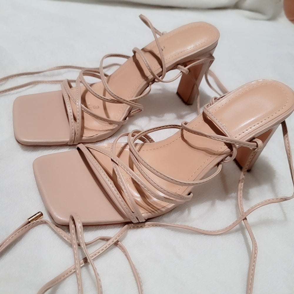 Square Toe Strappy Lace Up Mid Heel Sandal in Nude