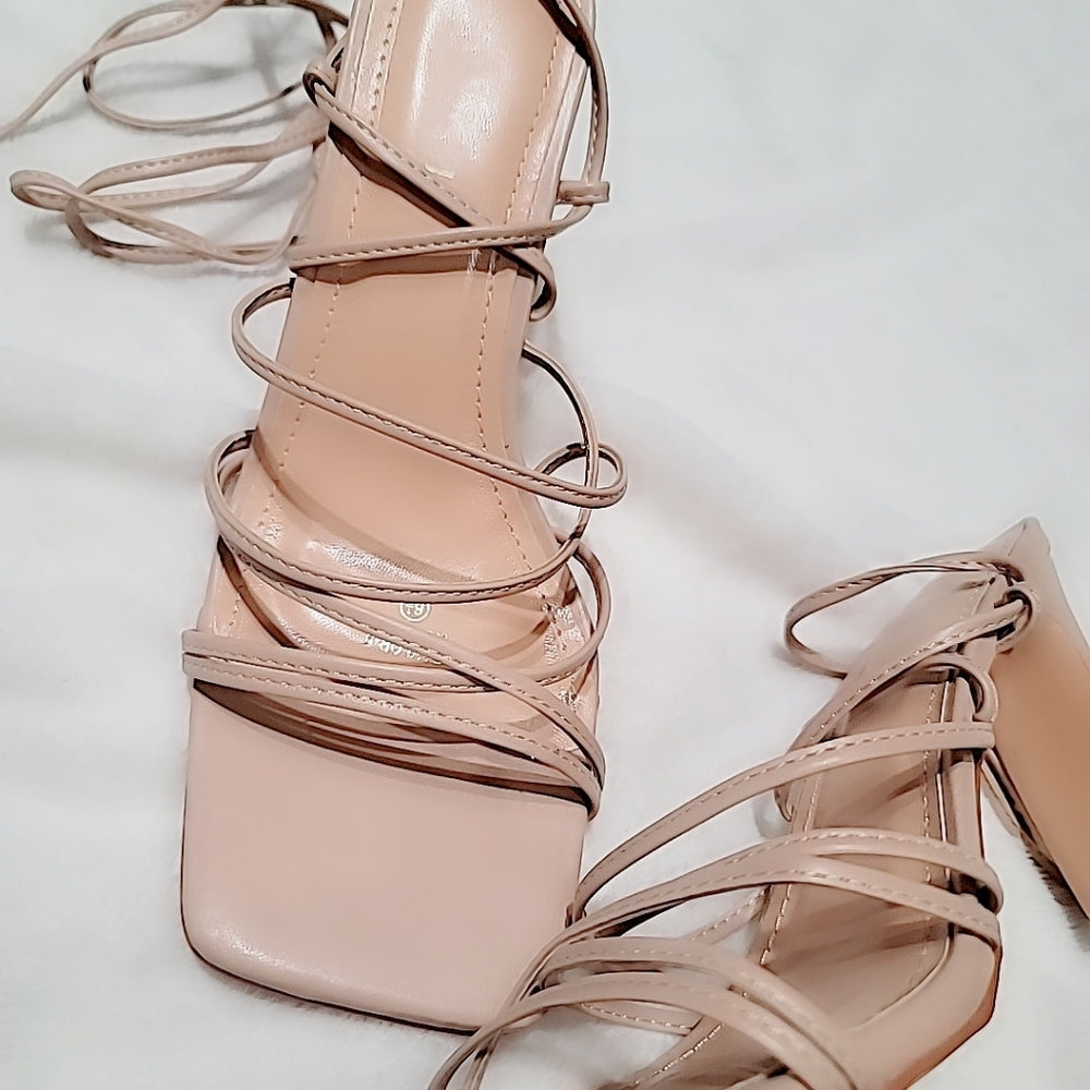 Square Toe Strappy Lace Up Mid Heel Sandal in Nude