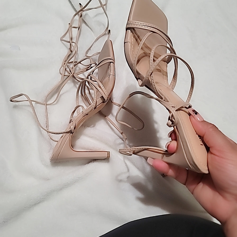 Square Toe Strappy Lace Up Mid Heel Sandal in Nude