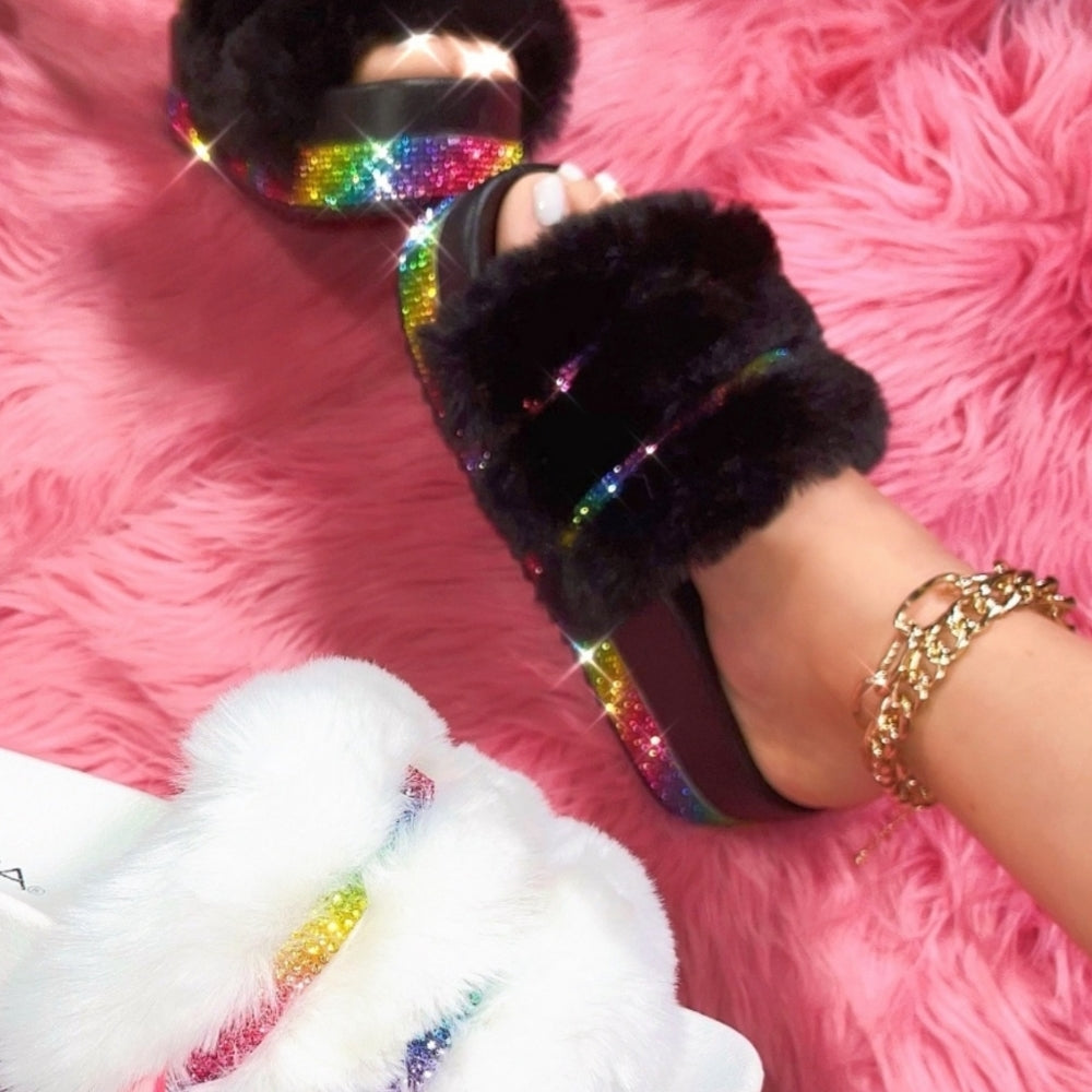 Just In Rainbow Rhinestone Fur Sandal