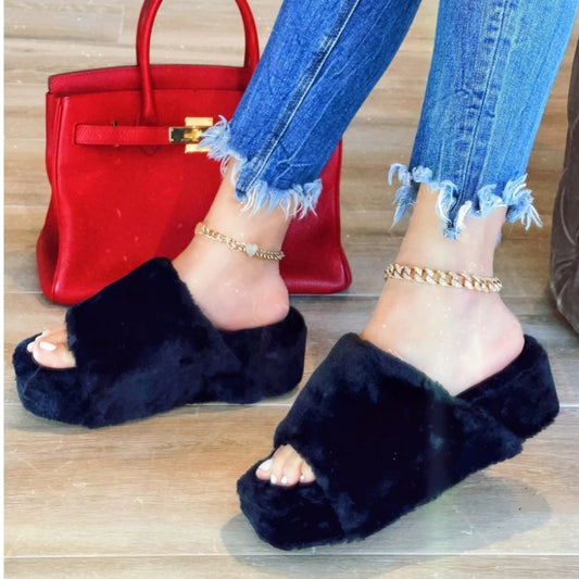 HIGH PLATFORM FUR SANDAL - BLACK