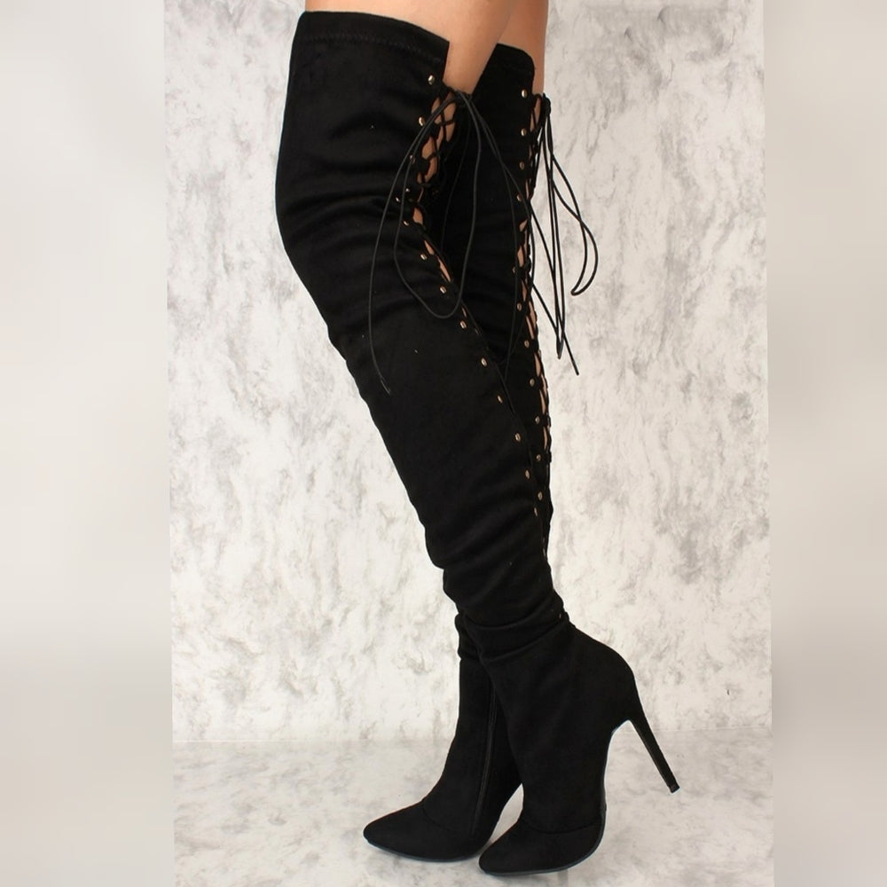 ❤BEST SELLER ❤ dolls Black Faux Suede Thigh High Lace U